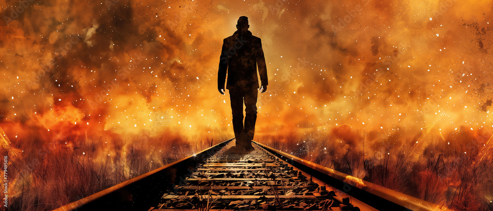 Solitary figure walking on railroad tracks amidst fiery apocalypse at ...