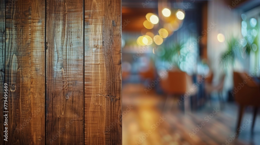 Close-up of a stained wall with brown hardwood, highlighting the natural beauty and material properties of wood grain with a blurred backdrop