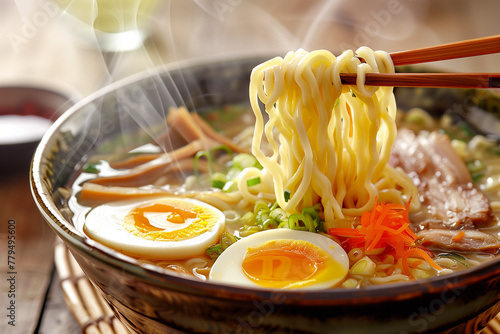 Closeup of Noodles, Egg, and Meat in Bowl