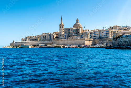 Beautiful cityscape with ancient architecture of the Valletta city in Malta. View from the sea