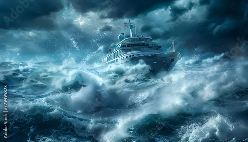 Icon of a cruise ship captain navigating through rough waters when suddenly a sudden storm hits Generative AI