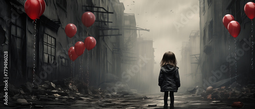 Lonely girl stands amidst desolate city. A solitary child is confronting an abandoned urban landscape, dotted with floating red balloons under a somber sky