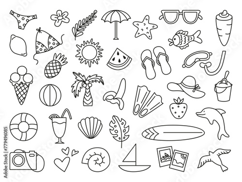 Doodle summer icons. Linear hand drawn summertime season elements. Vacation on beach or travel, palm, cocktail, fruits. Tourism neoteric vector set