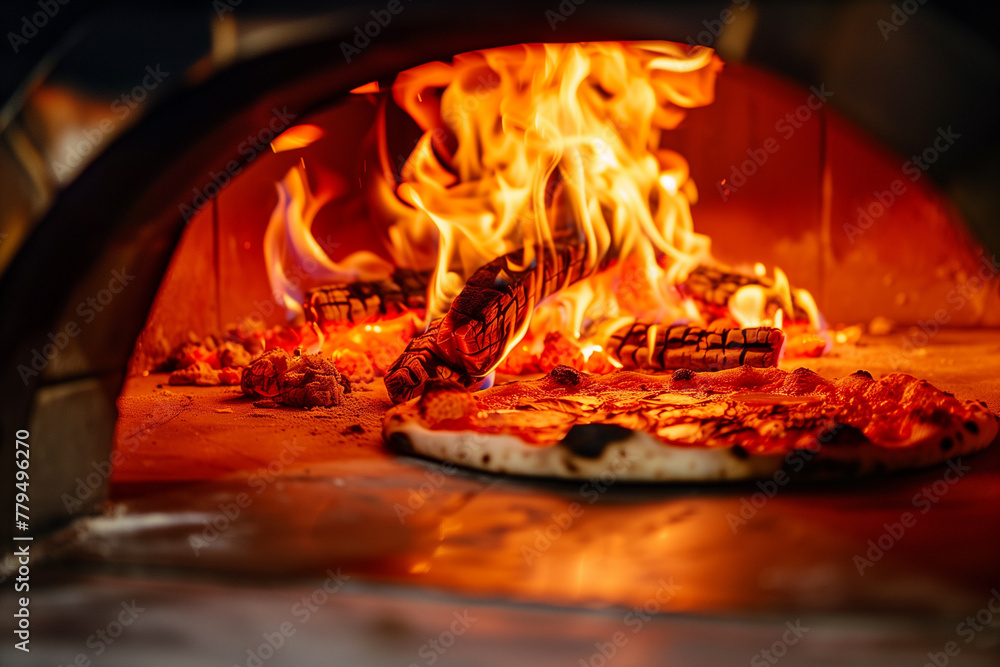 Traditional Italian food with wood fired pizza oven close-up