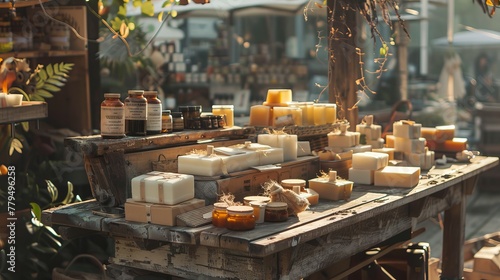 Product display on a vintage bench, bathed in natural and warm bonfire light at a local market, highlighting natural beauty