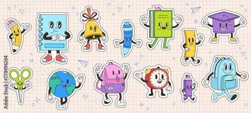 School stickers groovy style. Funky retro characters, emotional children mascots stationery. Bell, globe, happy pencil and alarm, snugly vector collection