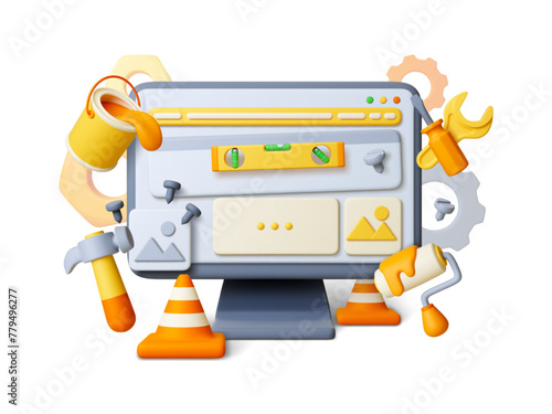 3d system update concept. Computer monitor and repair tools. Digital device upgrade, app service center. Render renovation pithy vector scene