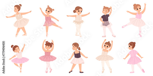 Girl ballet dancer. Little girls dancing in tutu skirt, cartoon isolated cute tiny characters. Classic dance lesson in class, hobby snugly vector collection