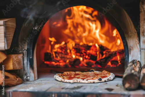 Traditional Italian food with wood fired pizza oven close-up