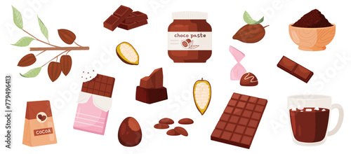 Cocoa products. Choco paste, chocolate bar, candies and powder in bowl. Hot coffee with marshmallow. Sweet tasty desserts, cartoon snugly vector set