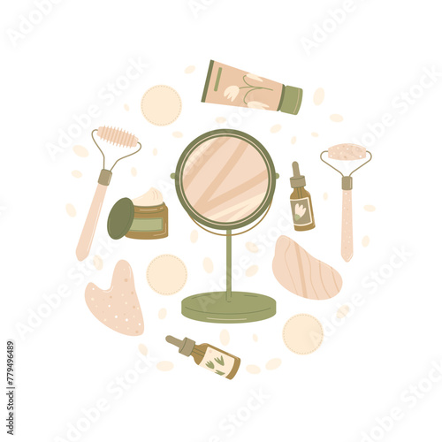 Gua sha beauty procedure with jade stone set. Stone roller and scraping plate kit. Facial self massage. Skincare spa. Vector illustration isolated on white background