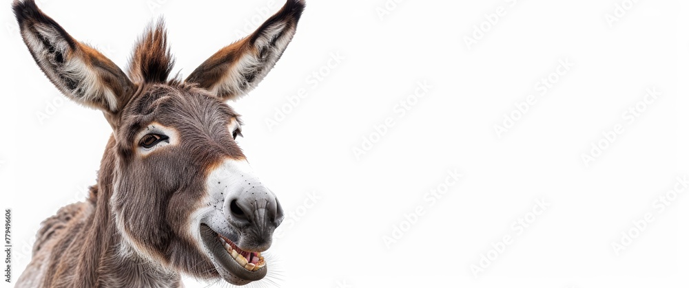 Fototapeta premium A laughing donkey with open mouth isolated on white background, copy space concept. banner with free place for text.