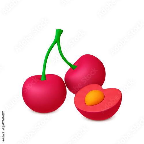 Cherry 3d elements. Isolated cherries render objects. Summer sweet vitamin berry. Natural fresh food, organic vector berries