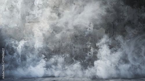 Smoke wafting against a concrete wall, creating a dramatic backdrop for room interiors in a studio setting, highlighting products with an edgy vibe