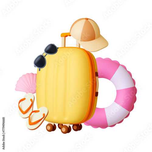 Summer beach travel 3d render concept. Realistic plastic suitcase, slippers and sunglasses. Pink shell and inflatable lifebuoy, vector isolated scene