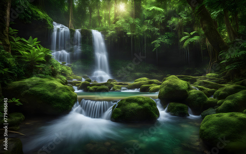 Rainforest waterfall oasis  vibrant green foliage  crystal-clear water cascading  tranquil and untouched