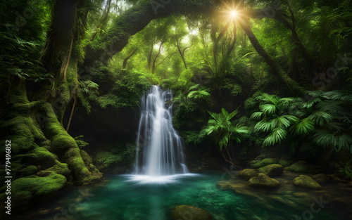 Rainforest waterfall oasis, vibrant green foliage, crystal-clear water cascading, tranquil and untouched © julien.habis