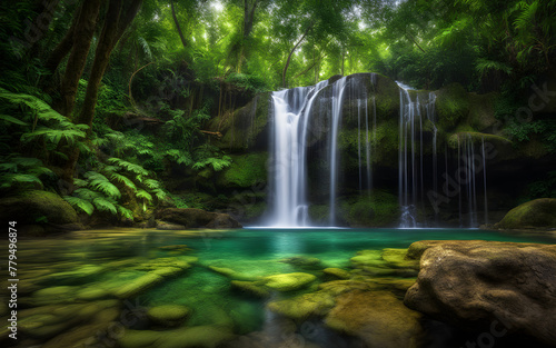 Rainforest waterfall oasis, vibrant green foliage, crystal-clear water cascading, tranquil and untouched © julien.habis