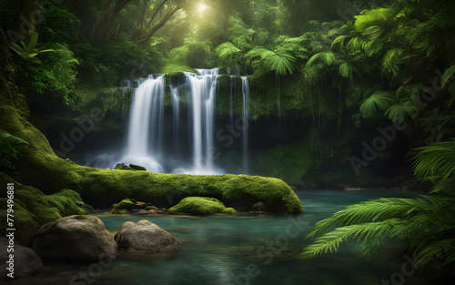 Rainforest waterfall oasis  vibrant green foliage  crystal-clear water cascading  tranquil and untouched