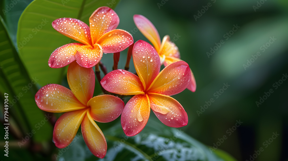 Vibrant Plumeria Flowers with Water Drops on Petals Vibrant Plumeria Flowers with Water Drops on Petals
