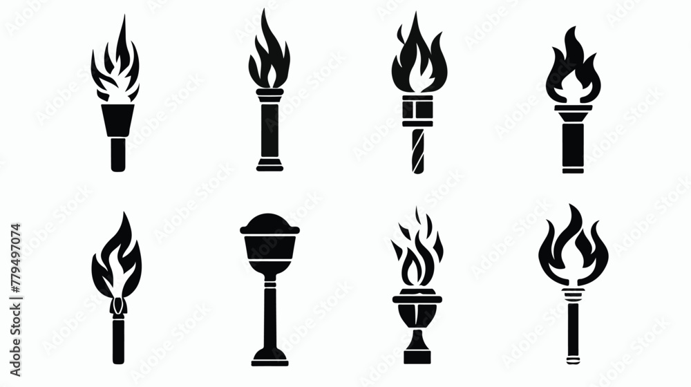 Vector icons Torch black and white. Hot flame power 