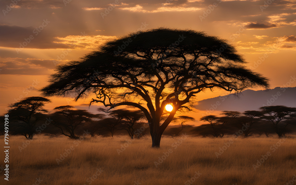 Serengeti sunset, acacia trees silhouetted, wild safari landscape, calm, dusky sky