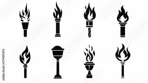 Vector icons Torch black and white. Hot flame power 