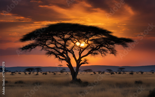 Serengeti sunset  acacia trees silhouetted  wild safari landscape  calm  dusky sky