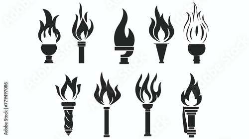 Vector icons Torch black and white. Hot flame power 