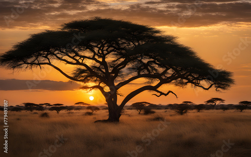 Serengeti sunset, acacia trees silhouetted, wild safari landscape, calm, dusky sky