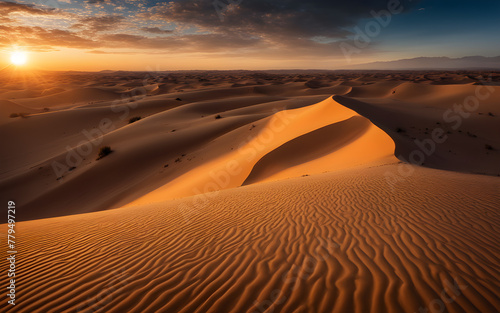 Sunset at Sahara Desert  dramatic shadows on sand dunes  warm orange glow  endless horizon