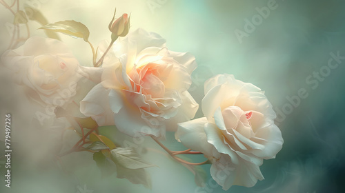 Softly Glowing Pastel Roses on Misty Background for Elegant Wallpaper or Background Use