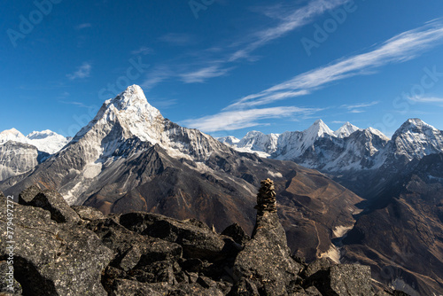 Paonramic view of the Ama Dablam peak from the Tangboche viewpoint at 5000m in the Himalaya in Nepal in winter photo