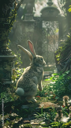 Rabbit ghost hops through serene gardens of the afterworld, curious, realistic , cinematic style.