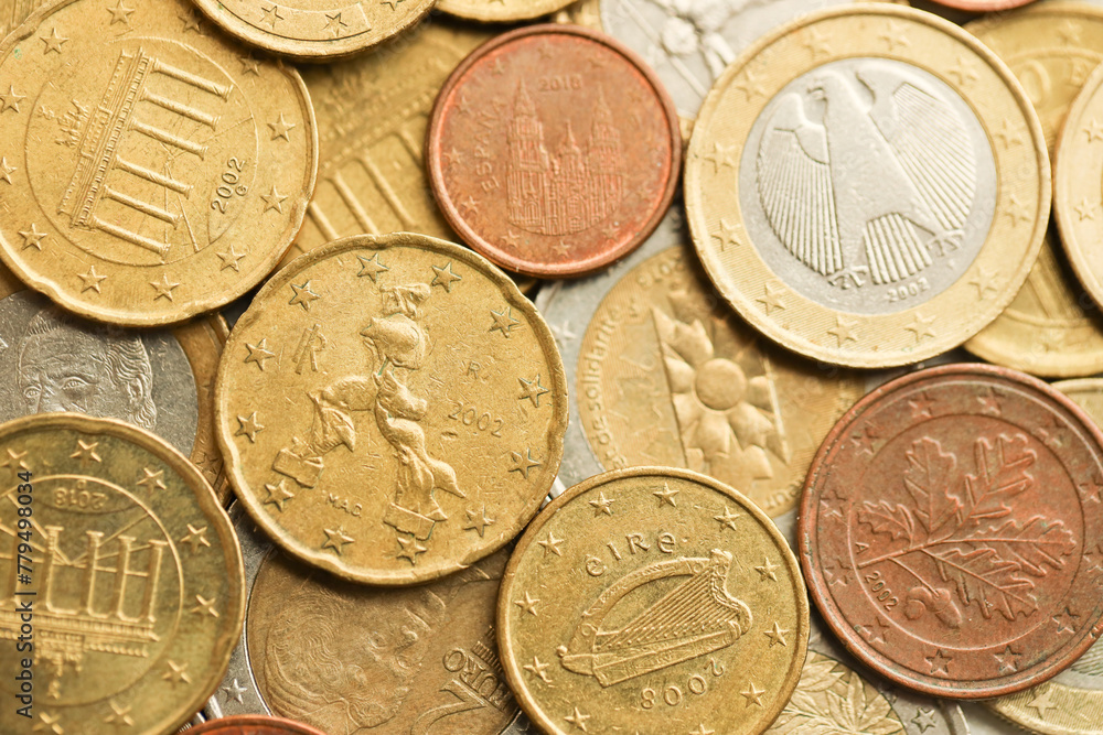 European money euro coins. Shiny coins of European union currency close up European money euro coins. Shiny coins of European union currency close up