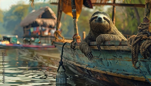 Sloth on a pontoon boat, realistic ,  cinematic style. photo