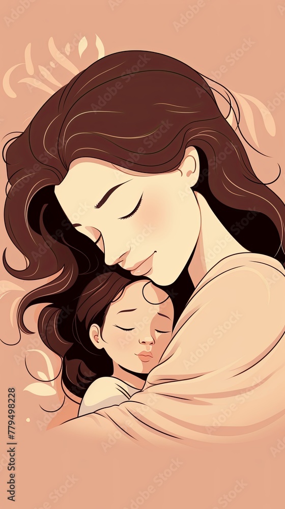 Tender moment of a mother tucking her child into bed, cute, simple 2d style pastel colors