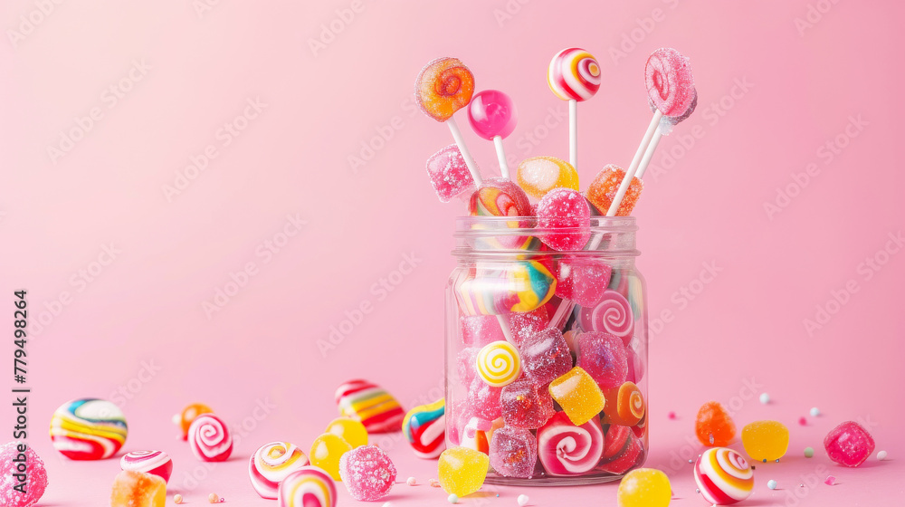Pink lollipop candies in jar with various milk chocolate and jelly gums candies Pink lollipop candies in jar with various milk chocolate and jelly gums candies