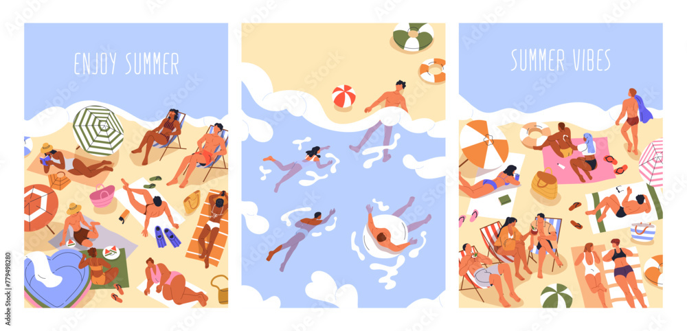Obraz premium Summer beach posters set. People enjoying vacation by sea, sunbathing, swimming and relaxing. Tourists at leisure, rest and recreation at seaside resort, holiday card. Flat vector illustration