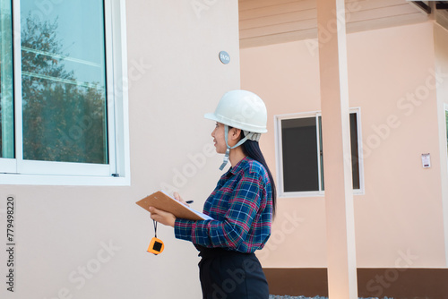 Asian house's construction inspector female in hard hat reviews architectural plans examining integrity building's interior, clipboard and measuring tape in hand, ensuring compliance safety standards