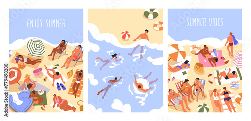Summer beach posters set. People enjoying vacation by sea, sunbathing, swimming and relaxing. Tourists at leisure, rest and recreation at seaside resort, holiday card. Flat vector illustration