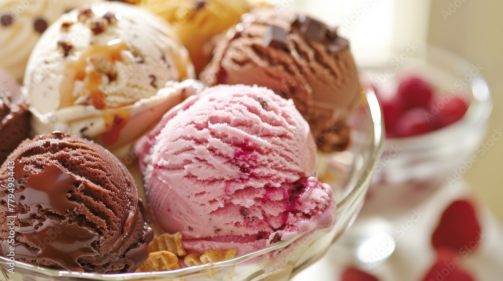 creamy scoops of ice cream in glass bowl on bright celebration background creamy scoops of ice cream in glass bowl on bright celebration background