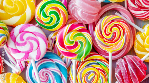 Colorful lollipops and different colored round candy background
