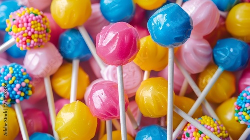 Colorful lollipops and different colored round candy background photo