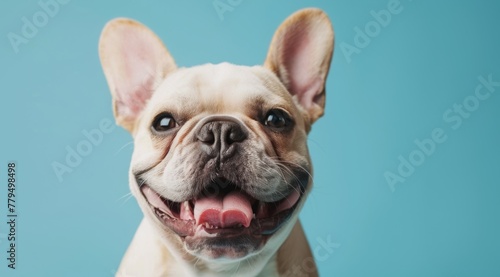 Happy smiling cute French bulldog on blue background with copy space, close up portrait of dog in studio. Banner for pet shop or animal care concept