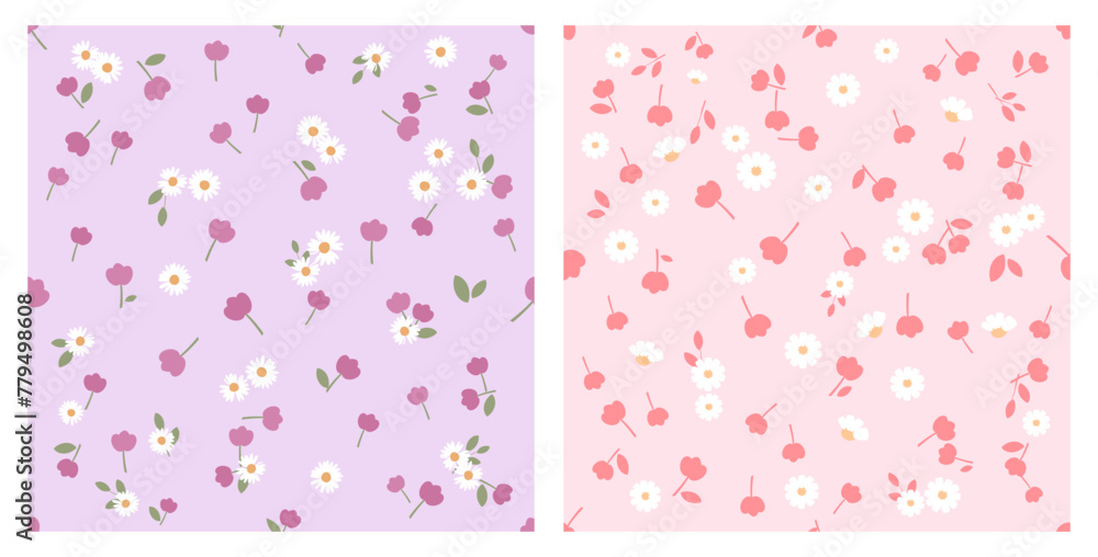Seamless pattern with daisies and cute flower on purple and pink backgrounds vector. Cute floral print.