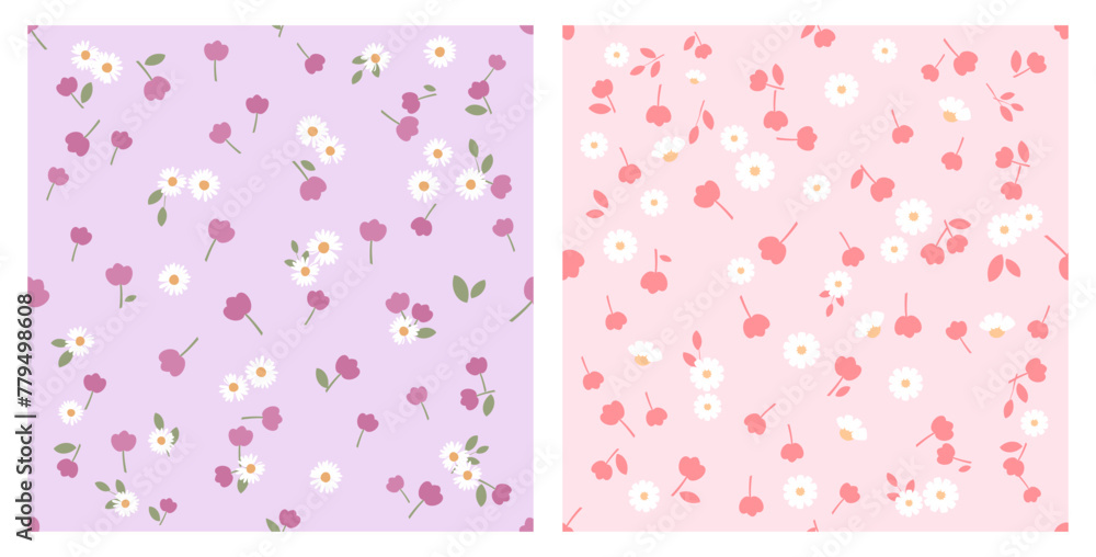 Seamless pattern with daisies and cute flower on purple and pink backgrounds vector. Cute floral print. Seamless pattern with daisies and cute flower on purple and pink backgrounds vector. Cute floral print.