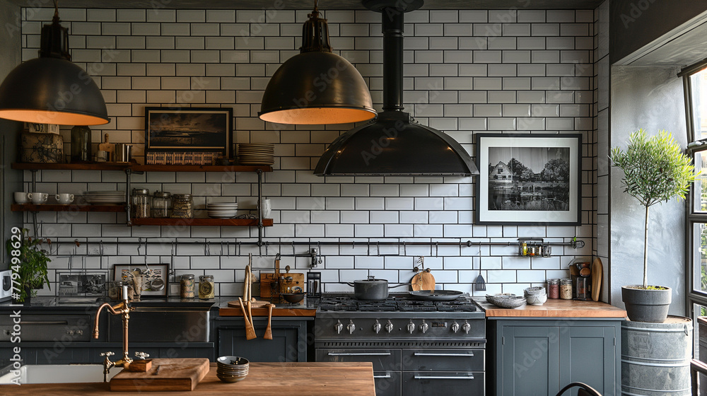 Draw an industrial-style kitchen with iron pendant lights and black and white photos hanging on the walls. - obrazy, fototapety, plakaty 