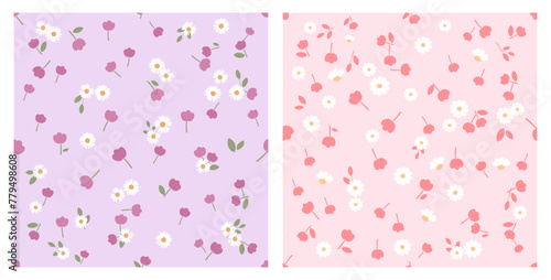 Seamless pattern with daisies and cute flower on purple and pink backgrounds vector. Cute floral print.