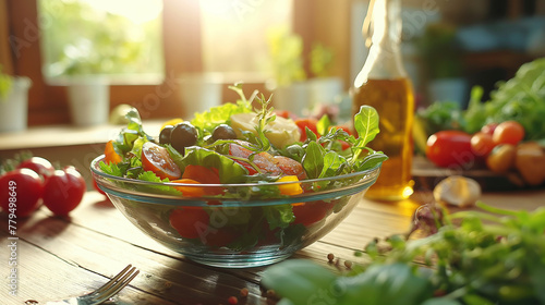 A colorful salad in an elegant glass bowl is placed on the wooden table of a modern kitchen.